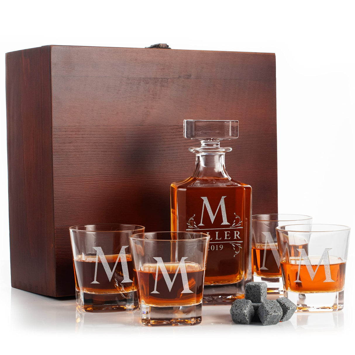 Personalized 5 pc Whiskey Decanter Set - 9 Design Options - Limited Edition, Custom Liquor Decanter | 25 Oz, 750ml Liquor Decanter w/ 4pcs Whiskey Glass Set #1 Amazing Items