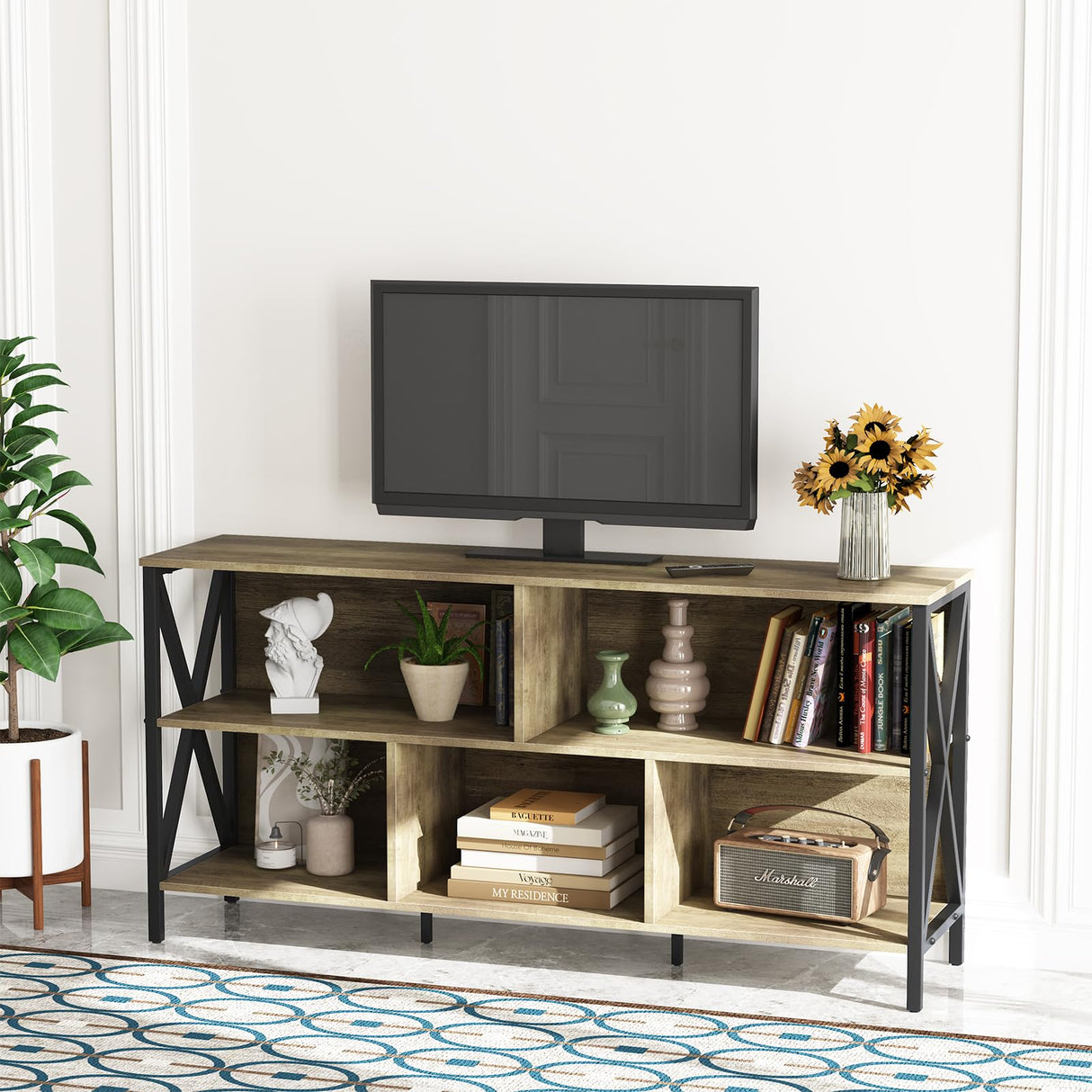 Horizontal Bookshelf,Industrial Modern 5 Cube Low Wide Cubby Bookcase,Long Wood and Metal Storage Organizer Open Shelf, Short Book Shelf Bedroom Storage for Home Office Living Room(Rustic Oak,5 Cube) Adompacat