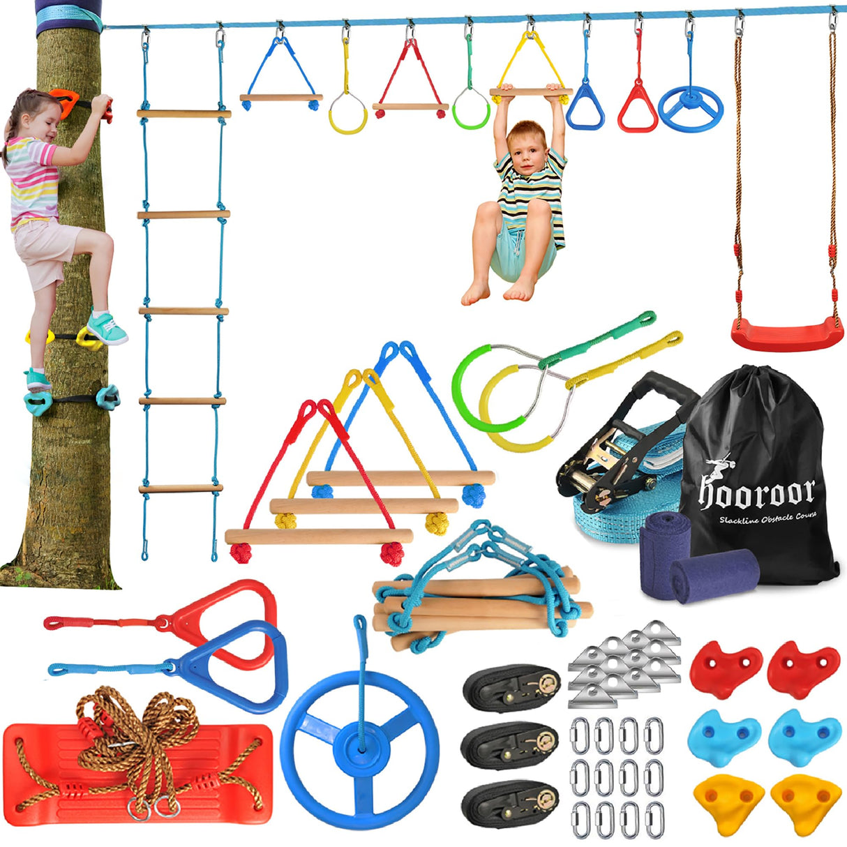 hooroor Ninja Warrior Obstacle Course for Kids and Adults - 66FT Slackline with Tree Climbing Rock Holds, Swing Seat, Monkey Bars, Ring Wheel, Rope Ladder - Outdoor Training Playset hooroor