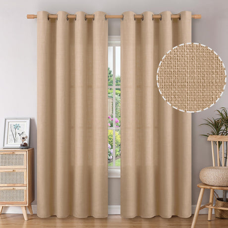 BGment Tan Curtains 84 Inch for Living Room - Light Filtering Faux Linen Look with Burlap Texture, Rustic Farmhouse Window Panels (Set of 2, 52" Wide) BGment