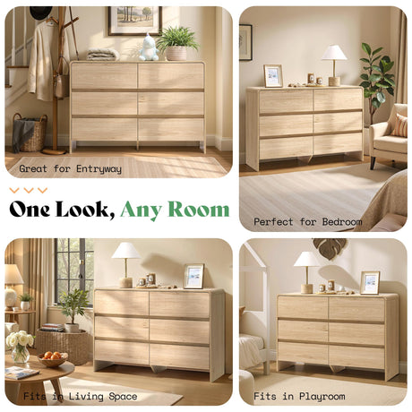 AMERLIFE 6 Drawer Dresser for Bedroom, 49" Wide Modern Chest of Storage Drawers with Rounded Corners, Anti-Tip Kit, Wood Cabinet Organizer for Closet, Living Room, Nursery, Easy Assembly, Light Oak AMERLIFE