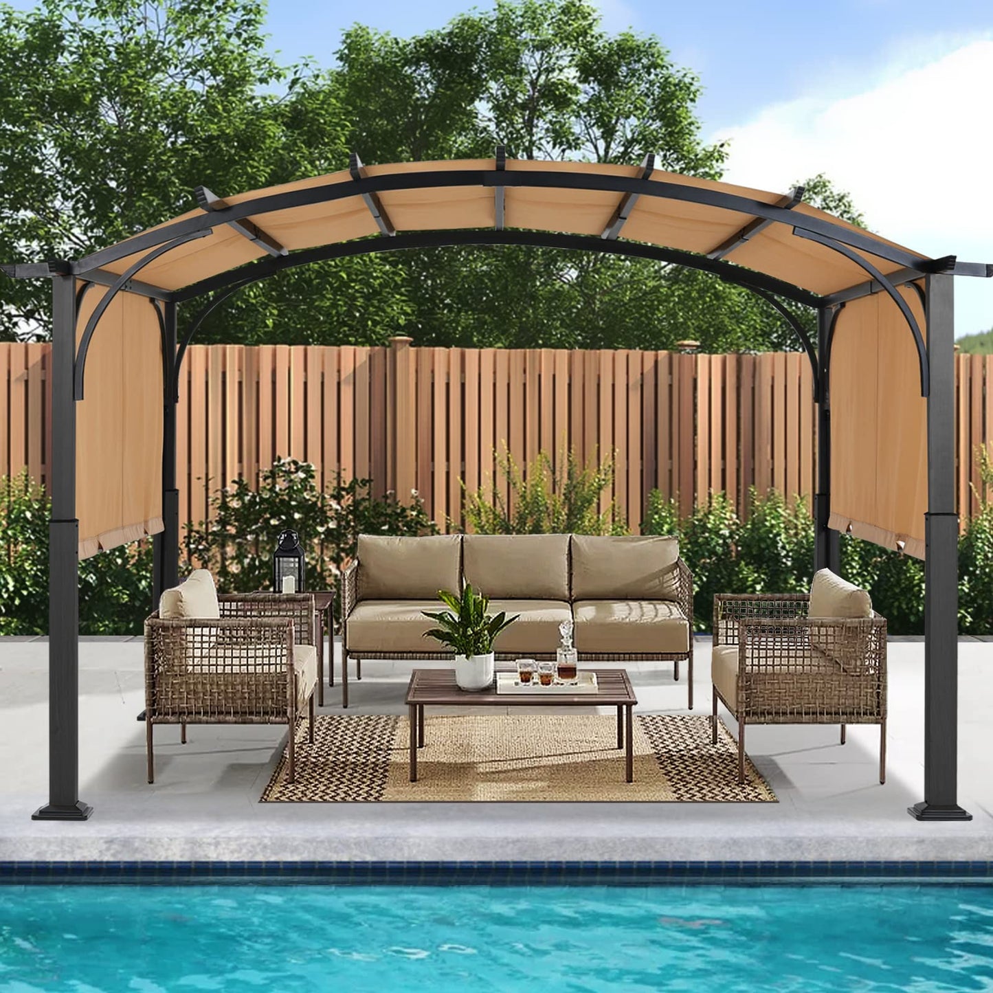 ABCCANOPY Outdoor Pergola 10'x12', Arched Patio Pergola with Retractable Sun Shade, Beige