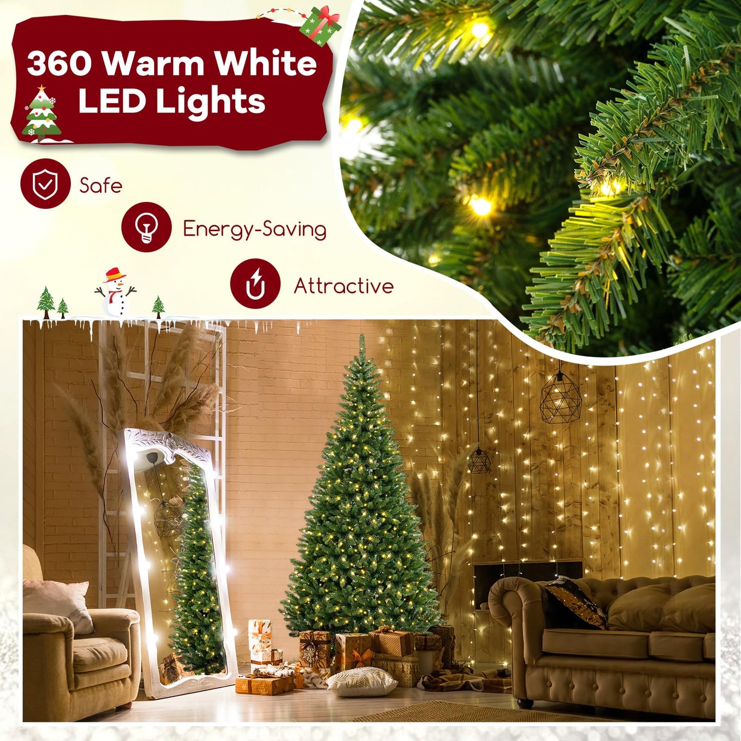 Goplus 8 FT 270° Pre-Lit Corner Christmas Tree for Wall, Artificial Hinged Xmas Tree with 360 Warm White LED Lights, 1137 Branch Tips, Folding Metal Stand, Festive Decoration for Small Space