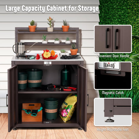 Garden Potting Bench with Storage Cabinet,Outdoor Gardening Table & Work Bench for Plants, Horticulture,Outdoor Workstation with Stainless Steel Tabletop,Outdoor Work Table with Elevated Rack Feasto