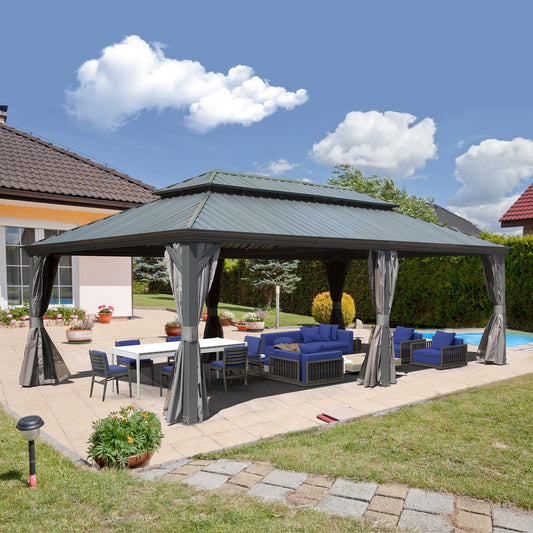 Domi 14'x22' Hardtop Gazebo Canopy,Outdoor Aluminum Gazebo with Galvanized Steel Double Roof, Extra Large Permanent Gazebo Pavilion for Patio Deck Backyard,Curtain and Netting,Grey - WoodArtSupply