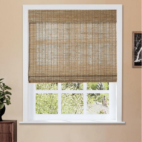 TWOPAGES Roman Blind Bamboo Jute Cordless Roman Shade for Kitchen Windows Patio Door, Custom Made Roman Window Shade Light Filtering Privacy Roman Shade, Install Hardware Included, Cinnamon, 1 Piece TWOPAGES