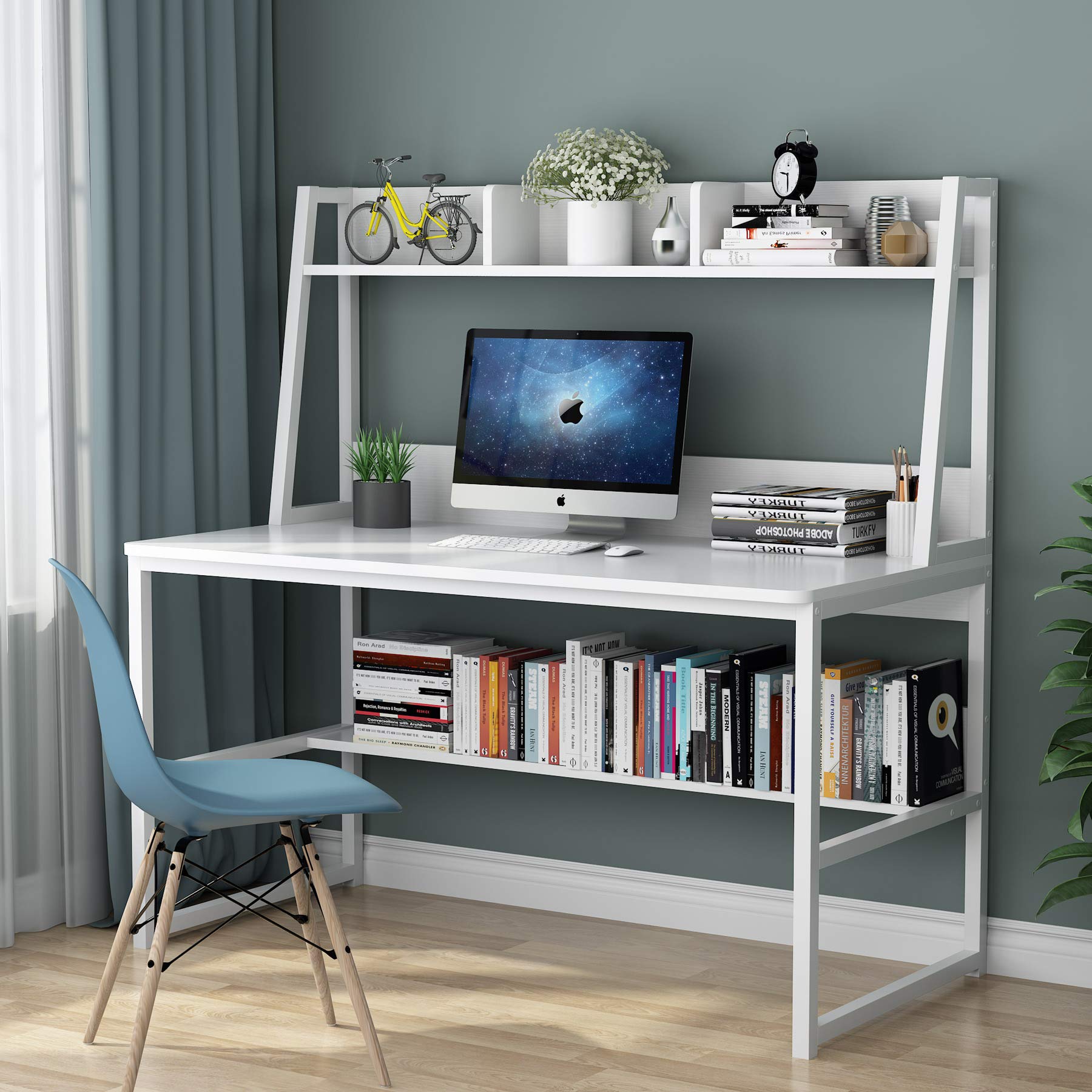 Tribesigns 47-Inch All White Computer Desk with Hutch and Bookshelf for Compact Home Office Spaces - WoodArtSupply