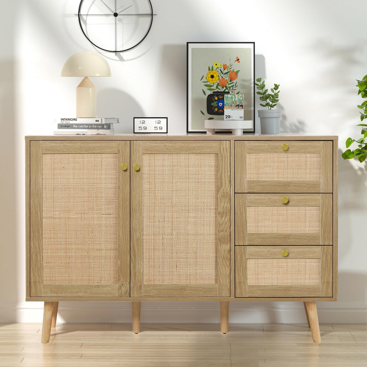 Anmytek Rattan Sideboard Buffet Cabinet with 2 Doors and 3 Drawers, Buffet Cabinet with Storage Wood Credenza Storage Cabinet for Living Room Dining Room Hallway Kitchen, Natural Oak H0088 - WoodArtSupply