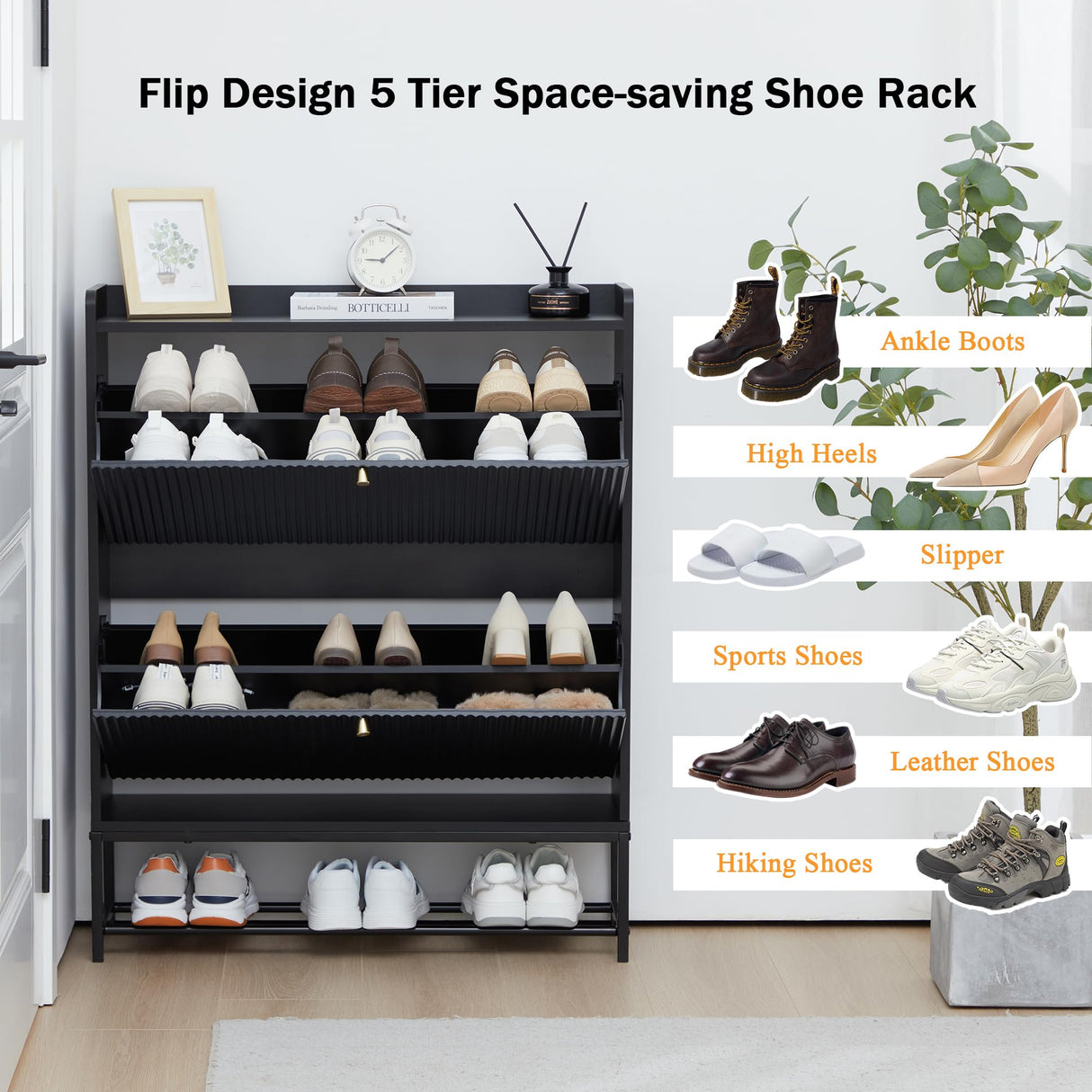 Fluted Shoe Cabinet with 2 Flip Drawers, Modern Slim Shoe Storage Organizer, Narrow Entryway Shoe Rack, Wooden Shoe Cabinet with Metal Legs for Heels, Boots, Slippers in Entrance, Black RARZOE