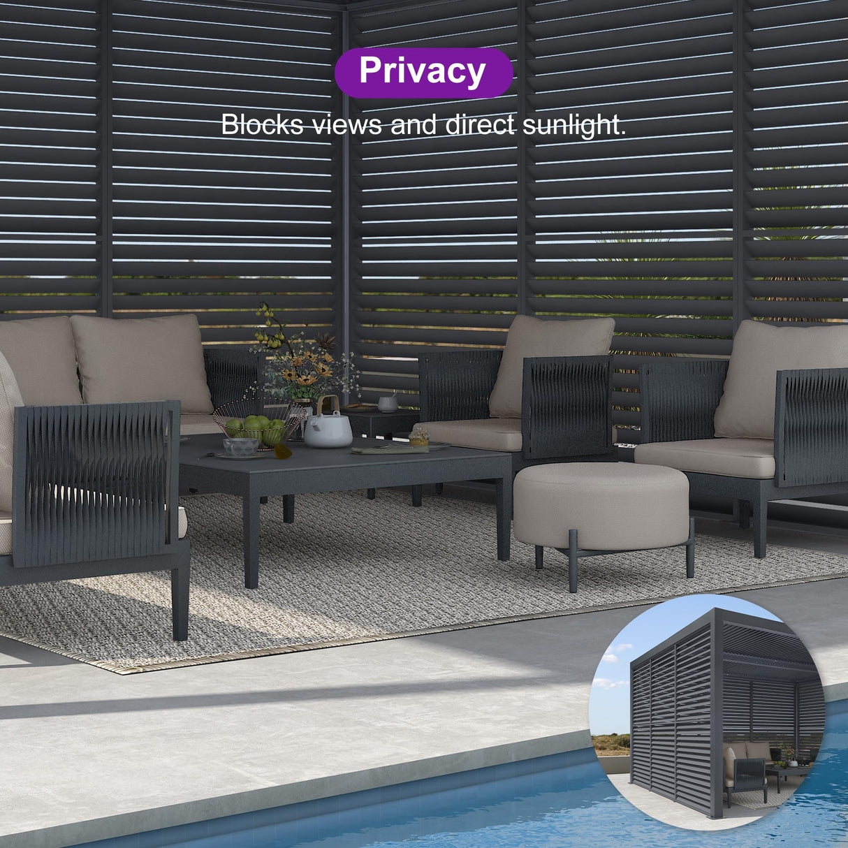 PURPLE LEAF Louvered Pergola 94AS 12' x 14' Outdoor Aluminum Pergola with Fixed Shutter Wall Adjustable Roof for Deck Backyard Grey Hardtop Gazebo, 1 Long Side PURPLE LEAF