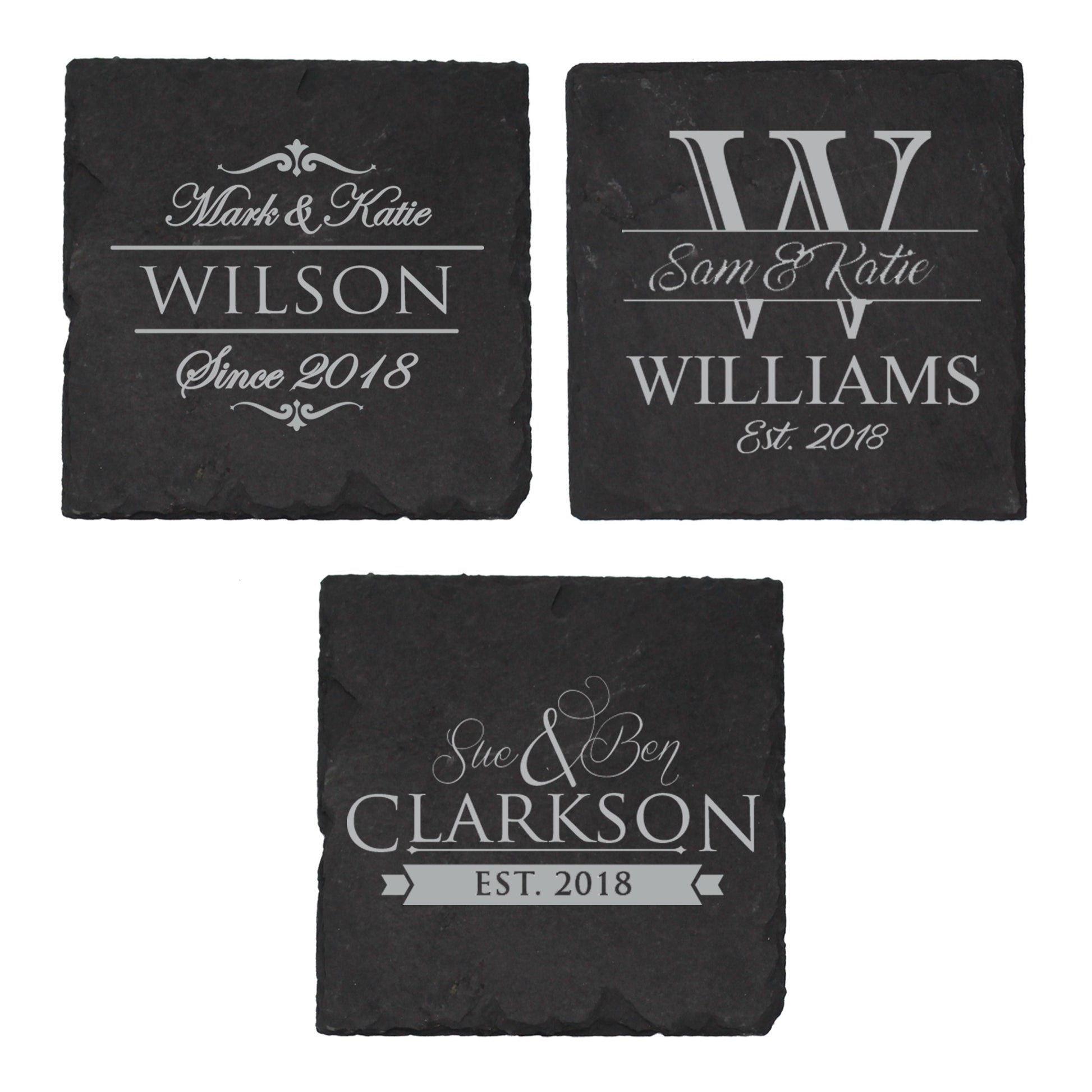 Custom Engraved Slate Coasters Set of 4 - Monogrammed Coasters for Drinks, Weddings, Couples, Anniversaries - Personalized (Square) - WoodArtSupply