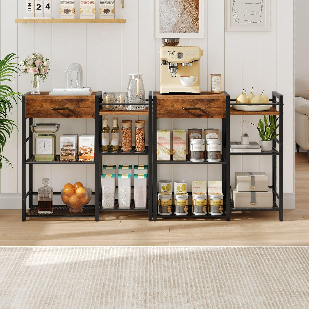 HOOBRO Coffee Bar Cabinet, Farmhouse Coffee Stand Station, 6 Tiers Kitchen Station Table with Drawer, Kitchen Bar Table for Small Space, Buffet Sideboard Cabinet with Storage, Rustic Brown BF77KF01 HOOBRO