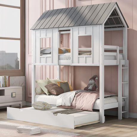 Harper & Bright Designs House Bunk Bed for Kids, Twin Over Twin Bunk Bed with Trundle, Kids Playhouse Bunk Beds for Girls & Boys, No Box Spring Needed (Twin Over Twin, White) Harper & Bright Designs
