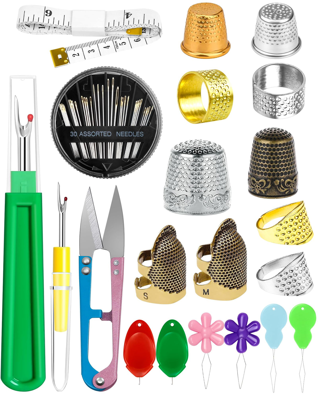 FIVEIZERO Thimble Kit– Sewing Thimbles for Hand Sewing, Metal Finger Protectors, Thimble Ring for Quilting, Includes Needle Threader, Embroidery Needles, Seam Ripper, Measuring Tape and Thread Snips FIVEIZERO