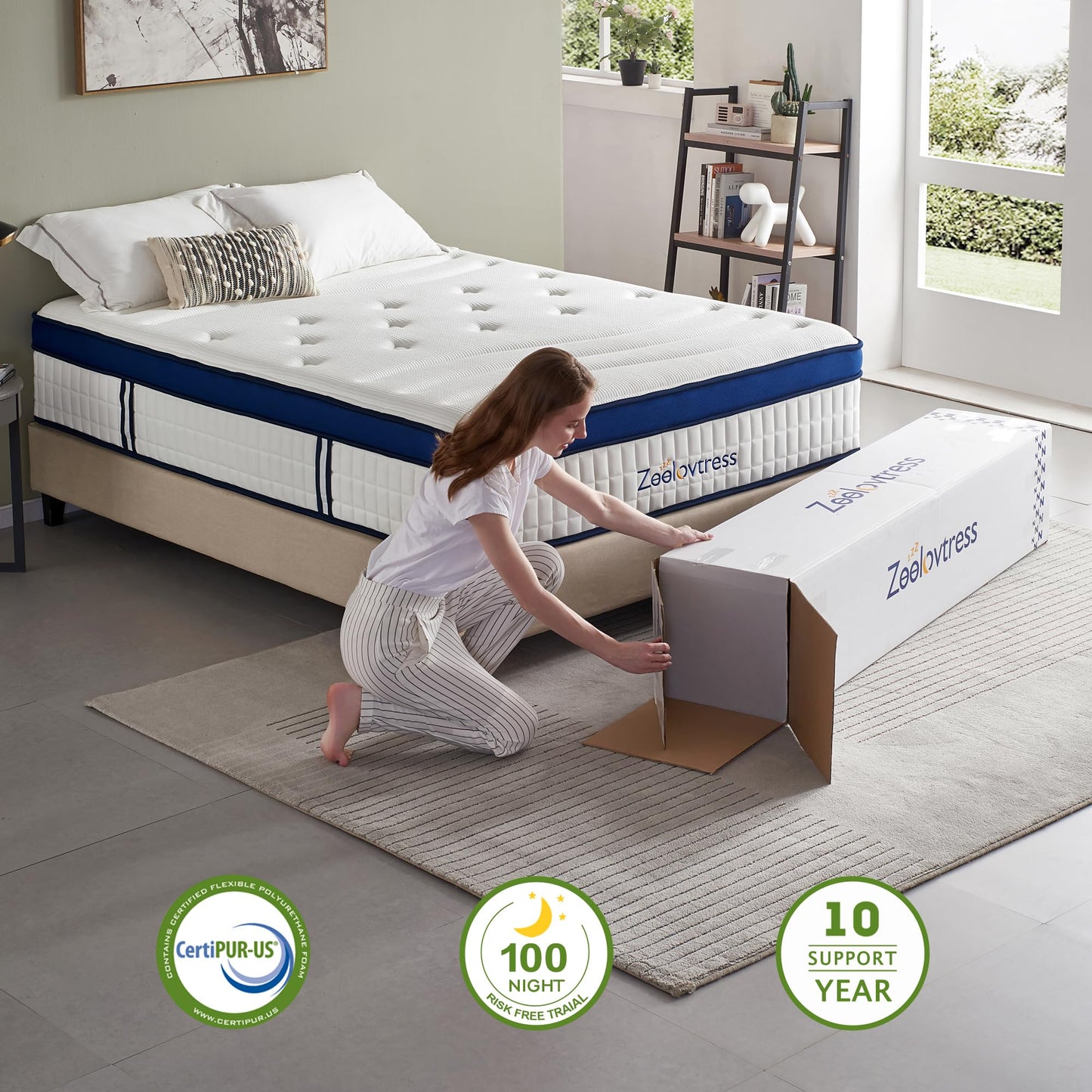 Zeelovtress California King Mattress 14 Inch, Cooling Gel Memory Foam and Pocketed Coils Hybrid Mattress, with Luxury Lyocell Fabric, Medium Firm Feeling for Pressure Relief, Packed in a Box