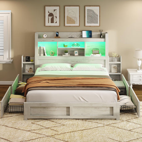 AMERLIFE Queen Bed Frame with 4 Storage Drawer, LED Bed Frame with 49.6" Tall Bookcase Headboard, Wood Platform Bed with Charging Station & 2 Slide Bedside Shelf, No Box Spring Needed/Distressed White AMERLIFE