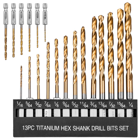 AUYAARS 19 PCS Hex Shank Drill Bit Set, 1/16"-1/4" HSS Titanium Coated Twist Bits for Metal Wood Plastic, 4241 High Speed Steel Small Quick Change Drill Bits with Holder AUYAARS