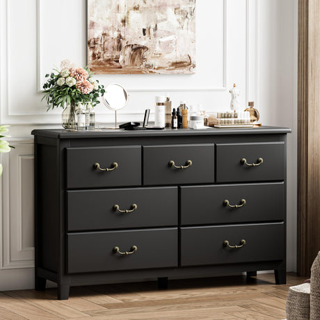 HOUROM Black Dresser for Bedroom, Modern Style 7 Drawer Double Dresser with Vintage Gold Antique Handles, Dresser and Chest of Drawers, Hallway 7 Drawer Dresser, Antique Black HOUROM