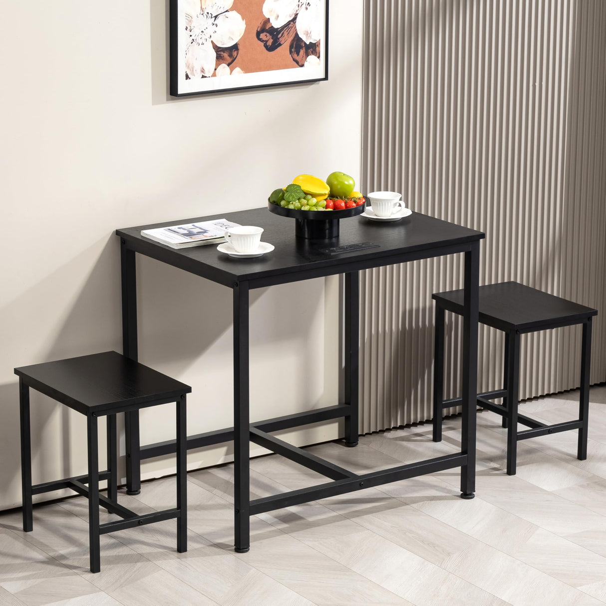 Finnhomy 3-Piece Dining Table Set, Small Kitchen Table with 2 Chairs, LED Light and USB Type-C Power Outlet, Space-Saving Design for Dining Room, Living Room, Apartment, Rustic Black Finnhomy