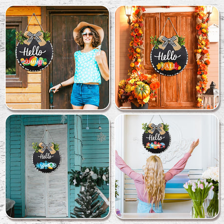 Yuntau 20 Pcs Seasonal Front Door Sign for All Seasons Hanging Interchangeable Welcome Sign, Rustic Round Wood Wreaths Wall Hanging Outdoor Indoor Farmhouse Front Door Home Decor for Christmas(Black) Yuntau