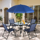 Vongrasig 6 Pieces Folding Patio Dining Set, All Weather Small Metal Outdoor Table and Chair Set, Garden Patio Furniture Set w/Umbrella, Glass Table & 4 Folding Chairs for Lawn, Backyard, Blue Vongrasig
