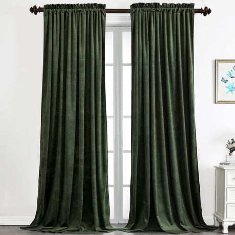 Benedeco Blackout Green Velvet Curtains for Bedroom Window, Light Filtering Drapes for Living Room Darkening Soundproof Thermal Curtain Rod Pocket 52 x 96 inches Long Length Set of 2 Panels Benedeco