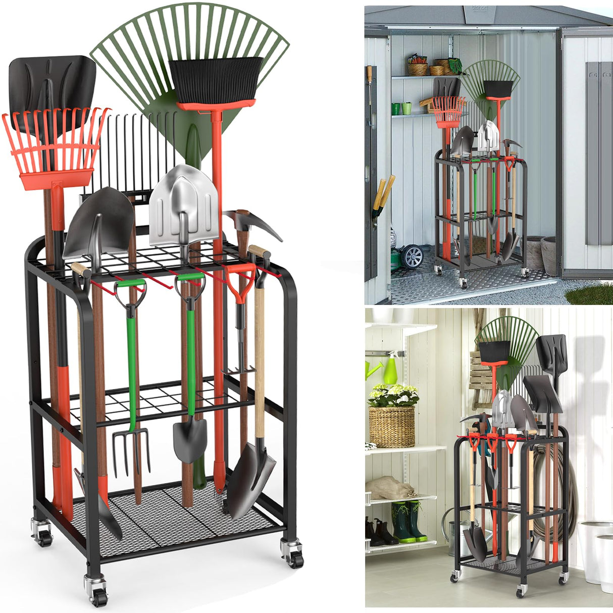 Trieez Wheeled Heavy Duty Garden Tool Storage, Alloy Steel Garden Tool Organizer with Wheels - Sturdy Metal Garden Tool Organizer for Garage, Shed, Yard Tool Holder, Basement Trieez