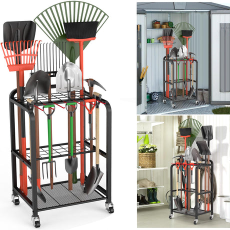 Trieez Wheeled Heavy Duty Garden Tool Storage, Alloy Steel Garden Tool Organizer with Wheels - Sturdy Metal Garden Tool Organizer for Garage, Shed, Yard Tool Holder, Basement Trieez