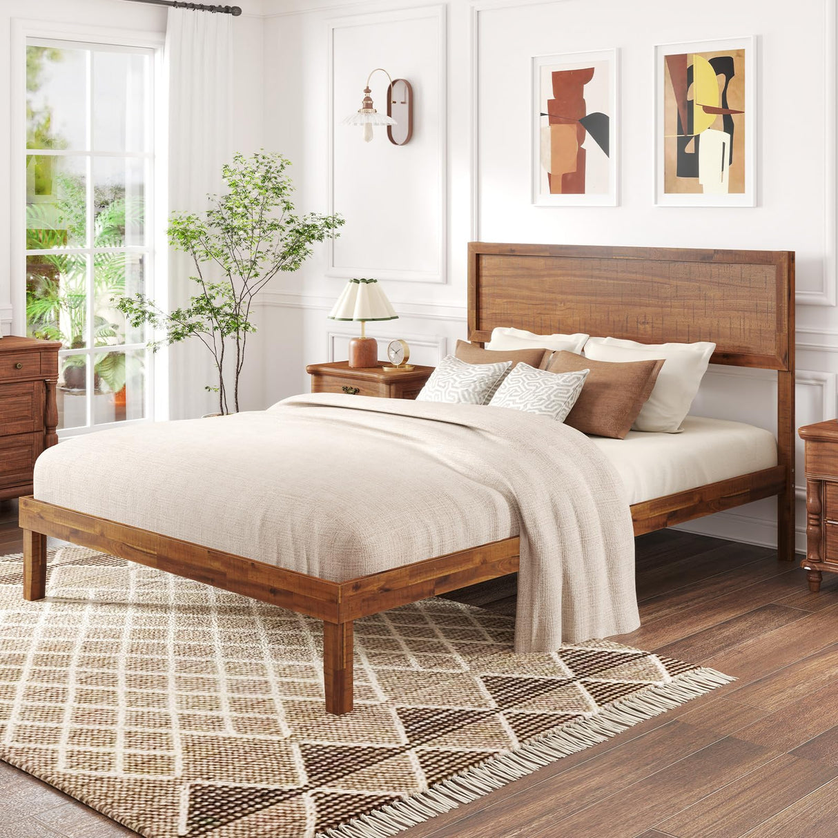 Giantex Wood Full Size Bed Frame with Headboard, Mid Century Modern Platform Bed Full with Solid Wood Legs & Wooden Slat Support, Easy Assembly, No Box Spring Needed, Walnut Giantex