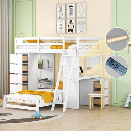 Merax Modern Twin Wood Bunk Bed with LED Light and USB Ports, Storage Bunk Bed with Desk, Ladder for Bedroom, dorm,Appartment Space-Saving White Merax