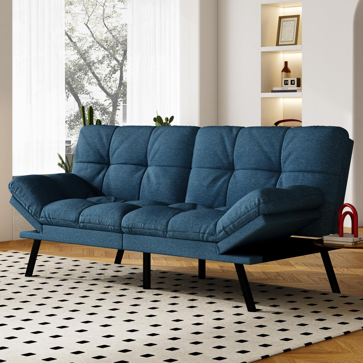 Vipbear Convertible Futon Sofa Bed, Blue Linen Futon Couch with Adjustable Backrest & Armrests, Folding Small Recliner Sleeper Sofa Bed for Living Room, Apartment, Office Vipbear