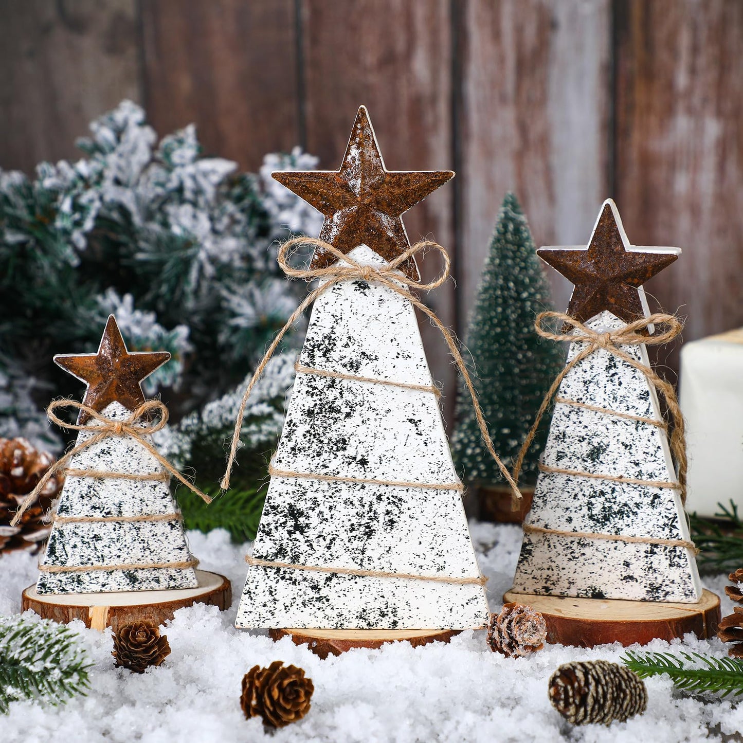 Bucherry 3 Pcs Wooden Christmas Tree Tabletop Decoration Christmas Trees Table Centerpieces Rustic Tiered Tray Decor with Iron Star Hemp Rope for Table Home Decor Xmas Holiday Sign