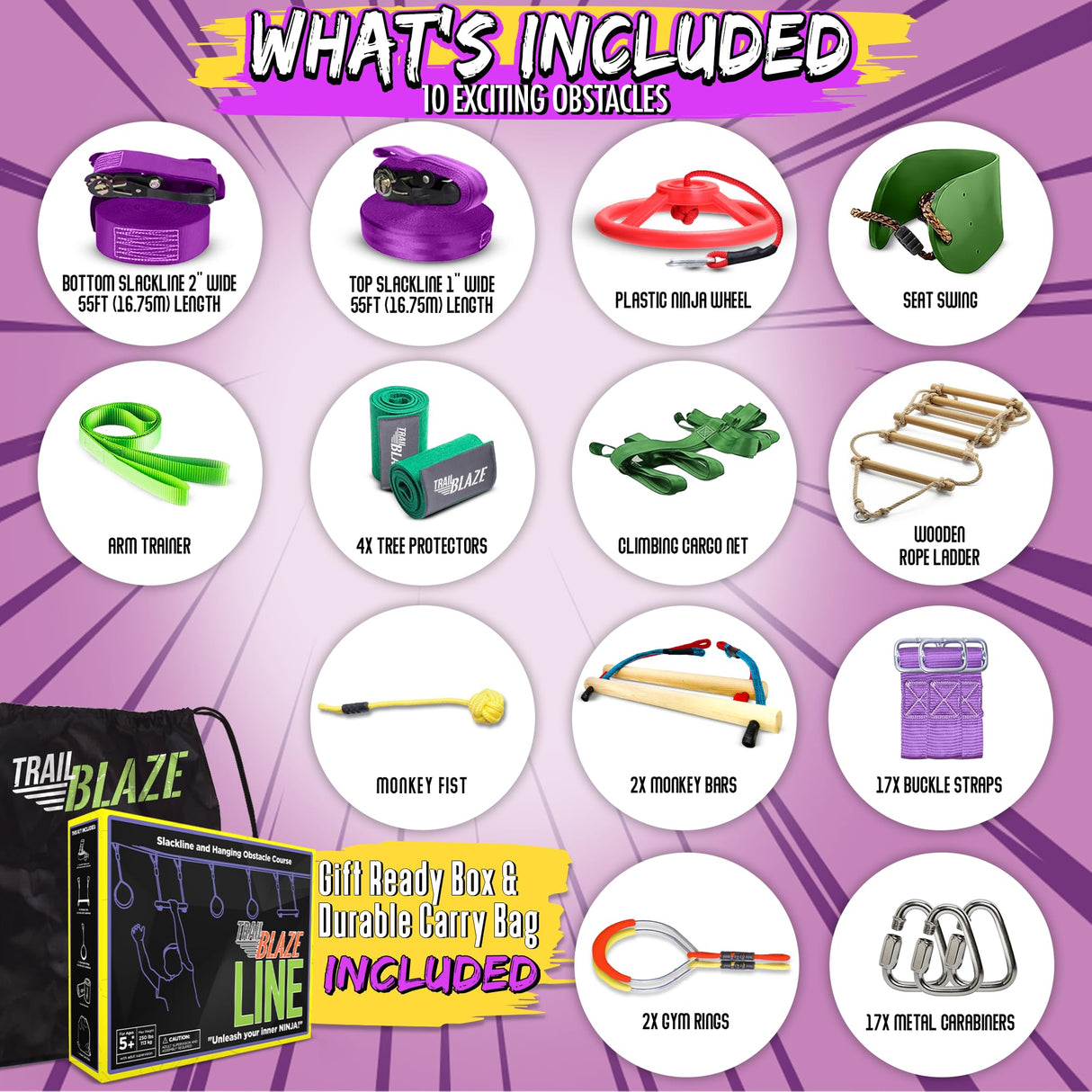 Ninja Warrior Obstacle Course for Kids Workout Equipment, 2 x 55ft Slacklines with 10 Weatherproof & Durable Ninja Kids Toys - Ninja Course for Kids Outside , Kids Obstacle Course Backyard Trailblaze