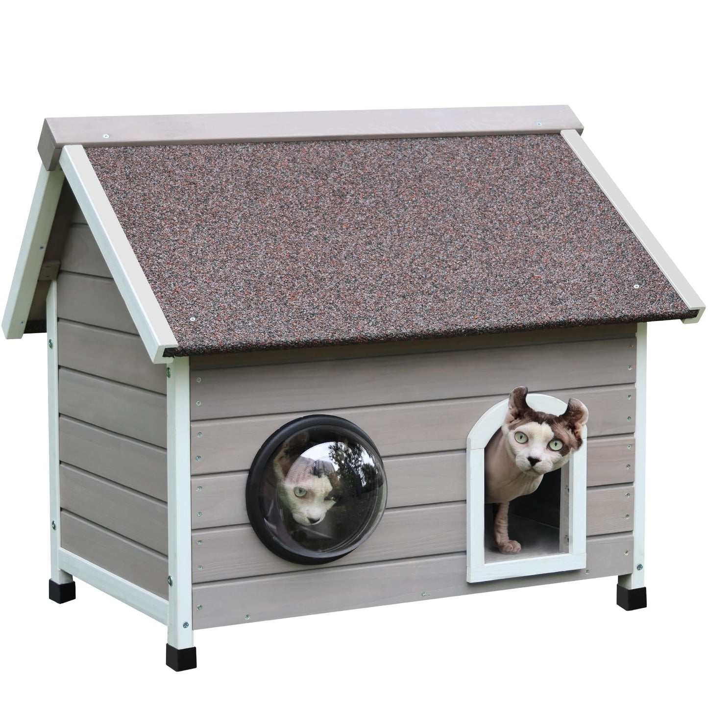 HiCaptain Outdoor Cat House for Feral Cats, Weatherproof Wooden Cat House Ideal Outdoor Shelter for Cats with Escape Door, Clear Window and Attic, Large Interior Space (Grey) - WoodArtSupply