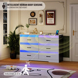 Grey Dresser for Bedroom with LED Light, 6 Drawer Large Chest of Drawers, Modern Dresser with Charging Station, Wood Bedroom Dresser for Closet/Living Room/Hallway Dystler
