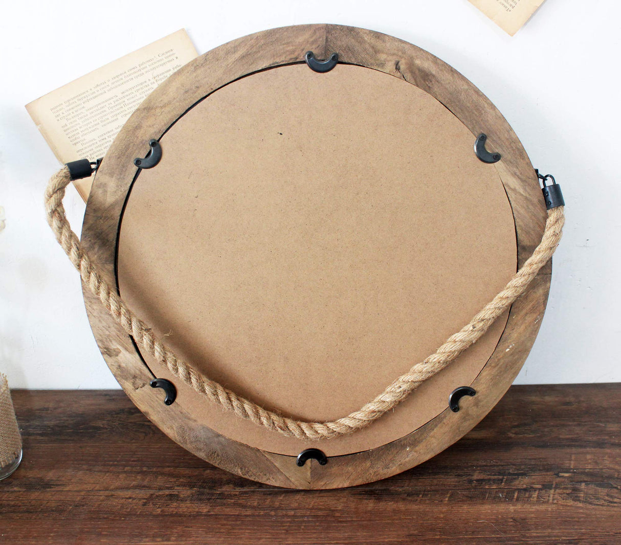 Funly mee 16.2 Inch Rustic Round Decorative Mirror with Solid Wood Frame&Rope Hanging,Farmhouse Antique Wall Decor (L) Funly mee