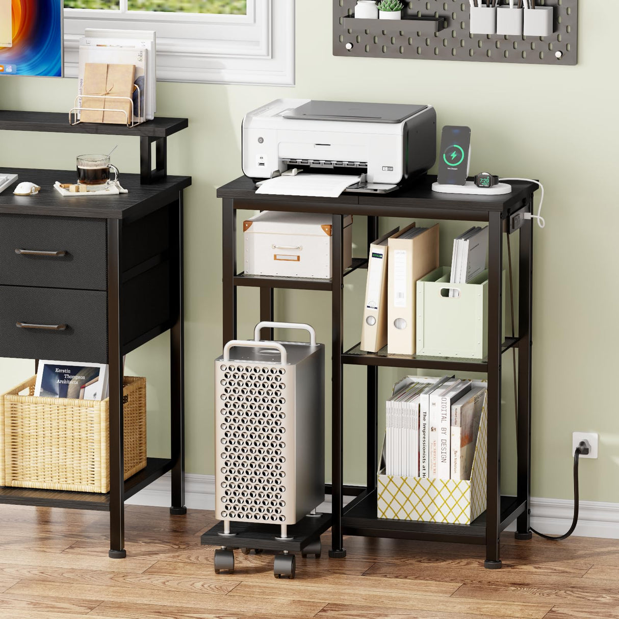 Aquarium Stand with Power Outlet, 3 Tiers Fish Tank Stand with Adjustable Storage Shelves & 4 Wheels for 10, 20 Gallon, 200LBS Capacity Terrarium Stand, Reptile Tank, Black, 24.8" x11.8" x 30.8" Korfile