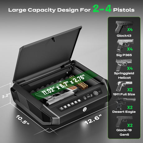 TOPMEDA Gun Safe with LCD Display, ≤0.1s Quick Access Handgun Safe for 2-4 Pistols, Hand Gun Lock Box with Fingerprint | Keypad | and Keys for Home Drawer Bedside Nightstand TOPMEDA