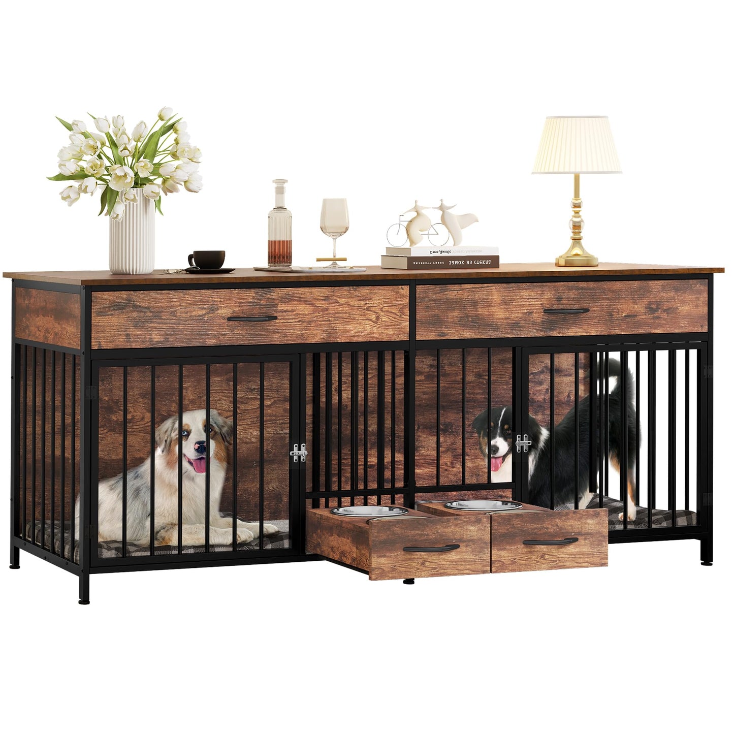 DWVO Double Dog Crate TV Stand with Dog Feeder, 74.8" Wooden Large Dog Kennel with Storage, Double Dog Crate Furniture for 2 Small Medium Dogs, Brown