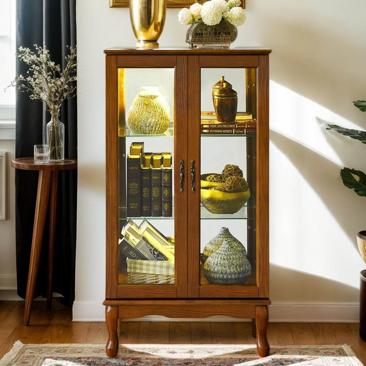 CKEASEAN Lighted Curio Cabinet with 3-Tier Adjustable Shelves and Mirrored Back Panel, 44" H Glass Display with Tempered Glass Doors, China Cabinet for Living Room (Light Bulb not Included) (Oak) CKEASEAN