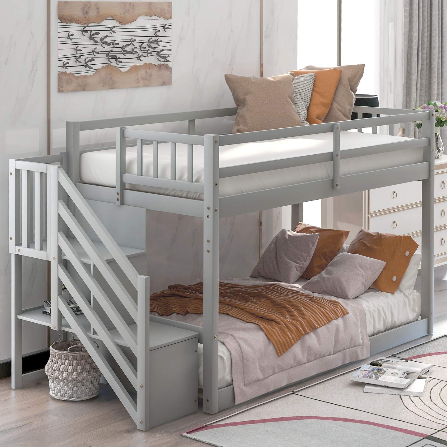 P PURLOVE Twin Over Twin Low Bunk Bed with Storage Stairs in Grey - WoodArtSupply