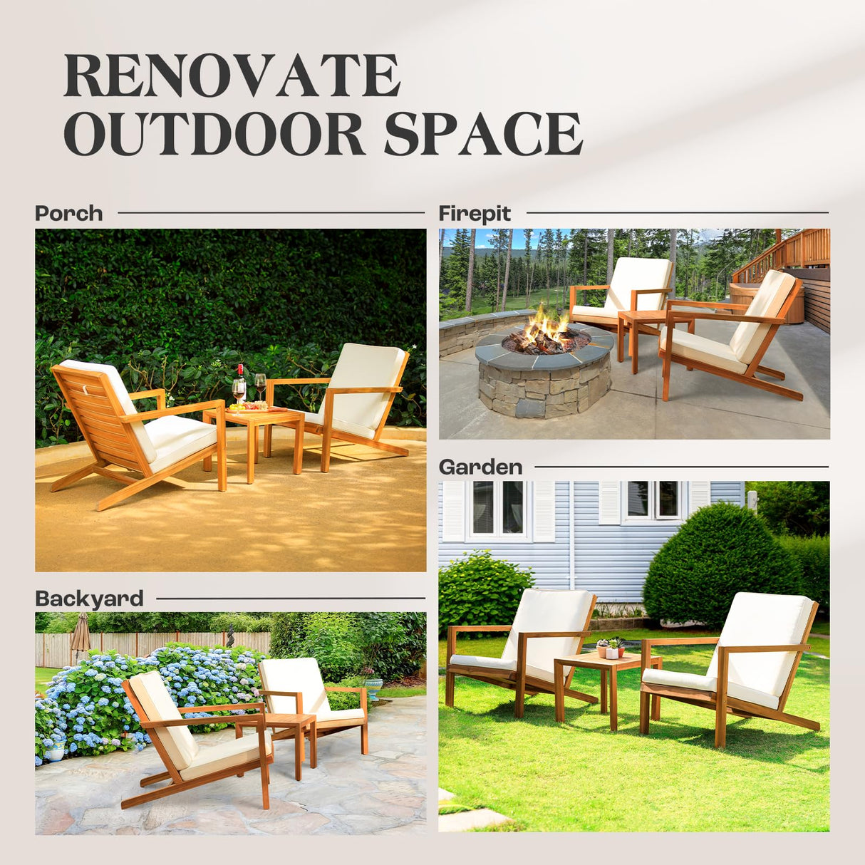 Idzo Eleve 400lbs Capacity Outdoor Club Chairs Set of 2 with Wooden Side Table, FSC Certified Acacia Wood Patio Furniture Set for Firepit Porch, Large, Slanted Backrest Design IDZO