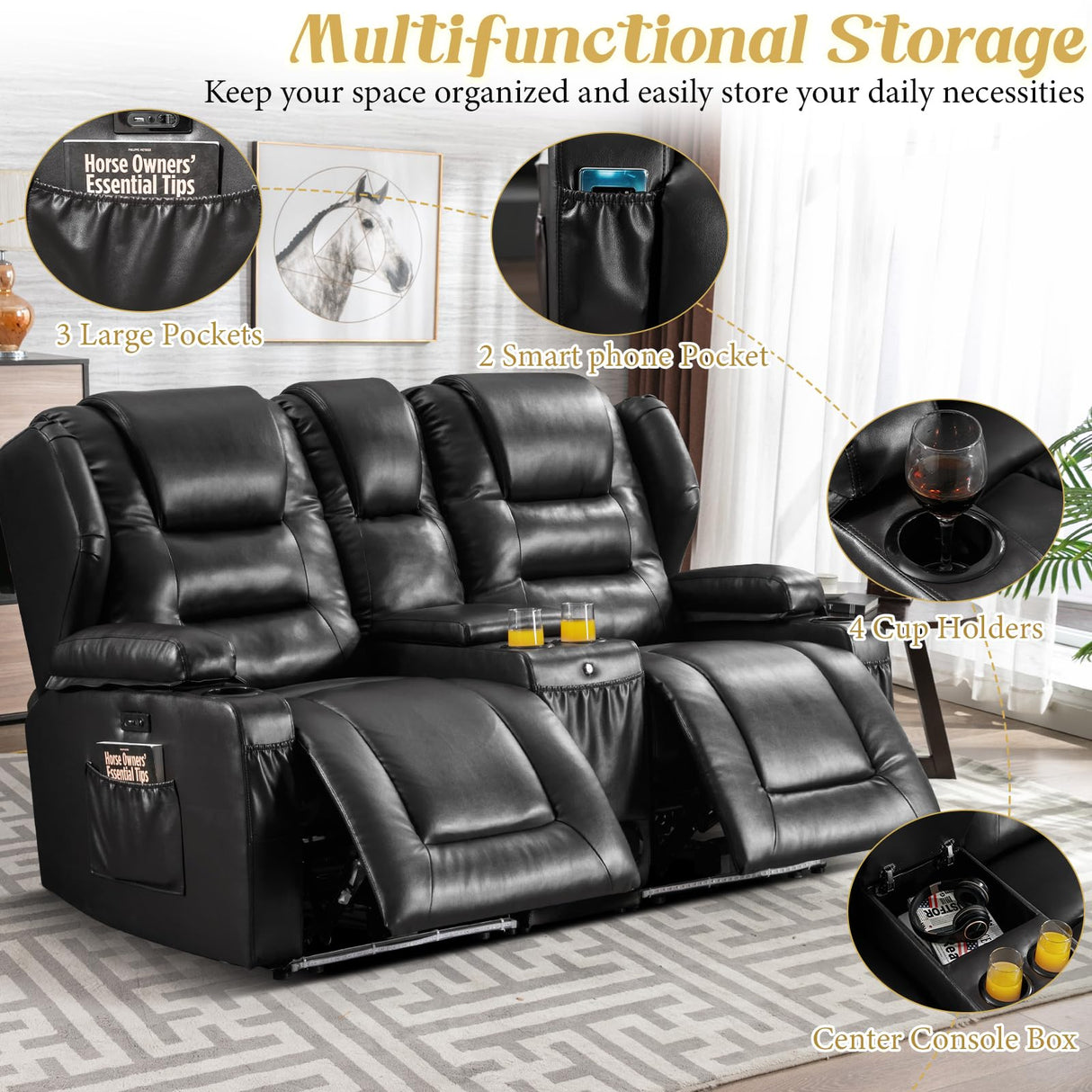 BINGTOO Power Double Recliner Loveseat for RV, Electric Home Theater Seating Sofa with Console & Storage, Built-in Bluetooth Speaker/USB Ports/Power Outlet/LED Light, Black BINGTOO
