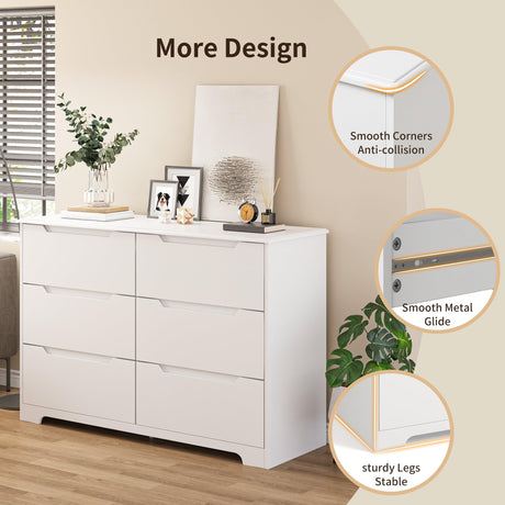 Gizoon 6 Drawer Double Dresser for Bedroom with Anti-Tip Design, Modern Wide Wooden Chest of Drawers with Cut-Out Handles, Closet Storage Organizer and TV Stand for Living Room, Hallway, Entryway Gizoon