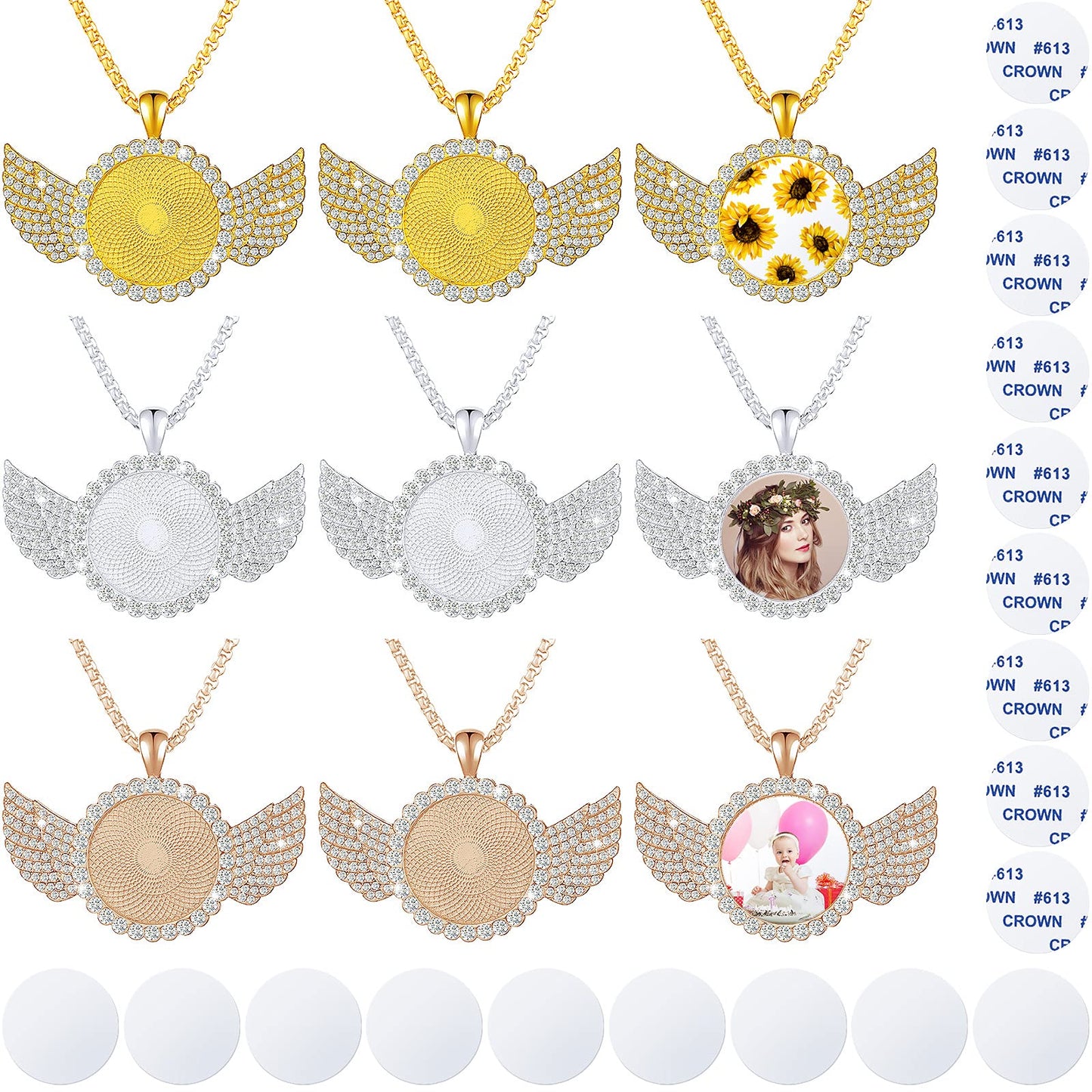 9 Pieces Sublimation Blank Necklace with Chain Set Blank Necklace Rhinestone Wing Shape Bezel Pendant Tray, 25 mm Sublimation Sheet, Double Sided Tape for DIY (Round Shape Style)