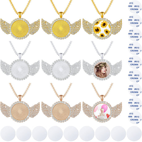 9 Pieces Sublimation Blank Necklace with Chain Set Blank Necklace Rhinestone Wing Shape Bezel Pendant Tray, 25 mm Sublimation Sheet, Double Sided Tape for DIY (Round Shape Style) Hicarer