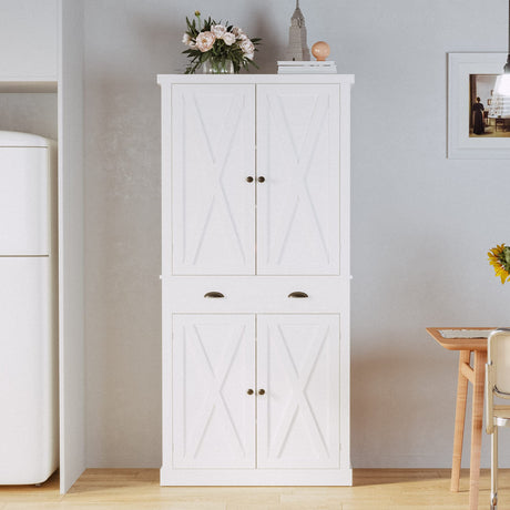 IRONCK Kitchen Pantry Storage Cabinet 72" Height, with Barn Doors, Drawer, 4 Adjustable Shelves, Freestanding Cupboard for Dining Room Living Room, IRONCK