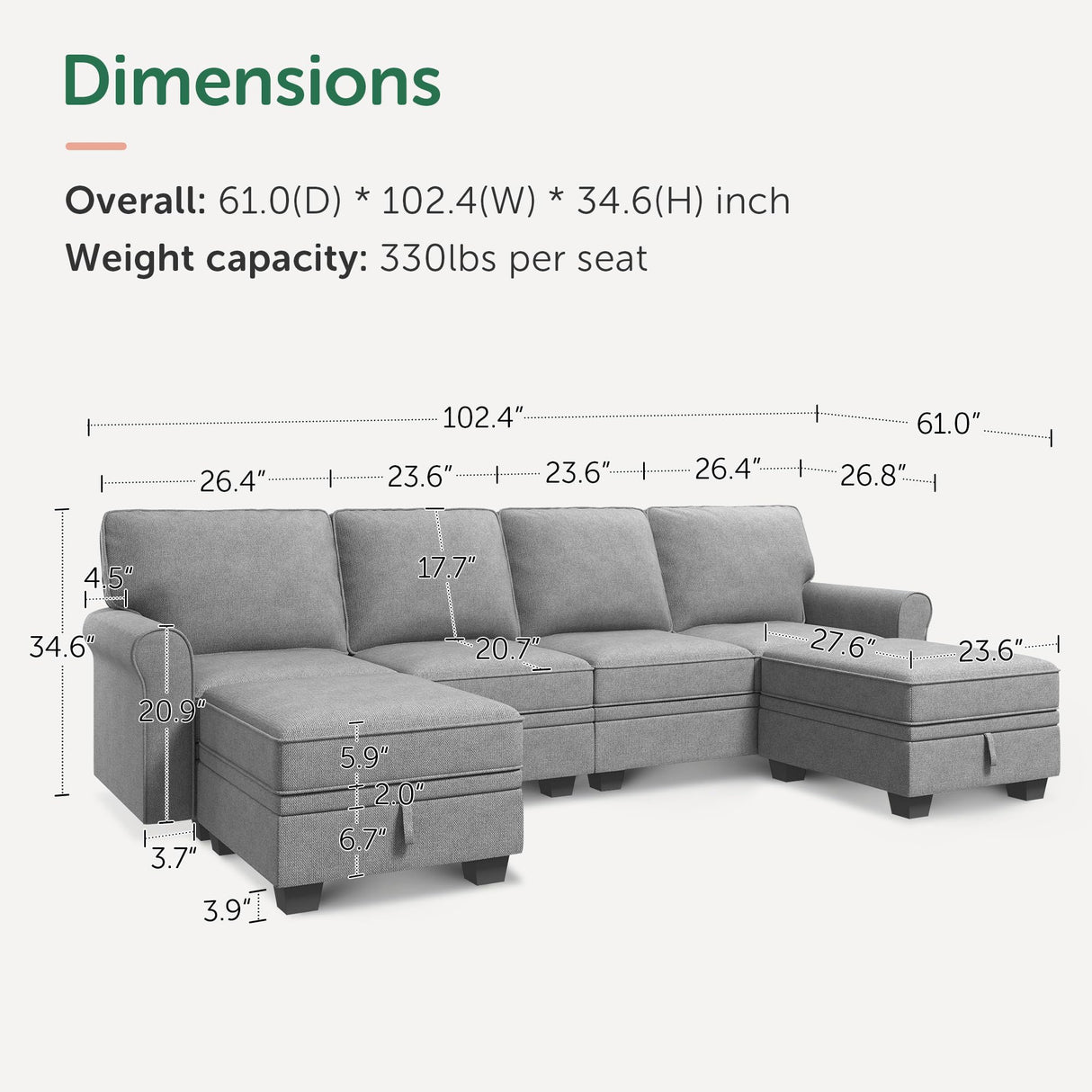 HONBAY Convertible Sectional Sofa with Storage Seat 6 Seat Sofa with Reversible Chaise U Shaped Sectional Couch for Living Room,Light Grey HONBAY
