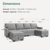 HONBAY Convertible Sectional Sofa with Storage Seat 6 Seat Sofa with Reversible Chaise U Shaped Sectional Couch for Living Room,Light Grey HONBAY