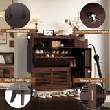 IRONCK Shoe Cabinet, Mid Century Shoe Storage with 2 Flip Drawers & Grille Doors Design, Shoe Rack Cabinet with Hooks and Side Cabinet, Shoe Organizer for Entryway, Natural Red Walnut IRONCK